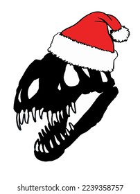 Graphical  silhouette of dinosaur skull  in Santa Claus red hat isolated on white background,vector Christmas element