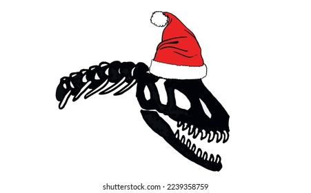 Graphical  silhouette of dinosaur skull  in Santa Claus red hat isolated on white background,vector Christmas element