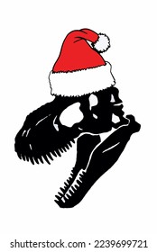 Graphical  silhouette of dinosaur skull  in Santa Claus red hat isolated on white background,vector Christmas element