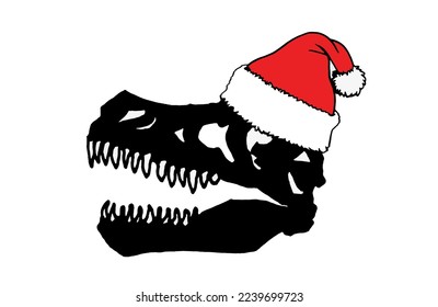 Graphical  silhouette of dinosaur skull  in Santa Claus red hat isolated on white background,vector Christmas element