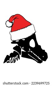 Graphical  silhouette of dinosaur skull  in Santa Claus red hat isolated on white background,vector Christmas element