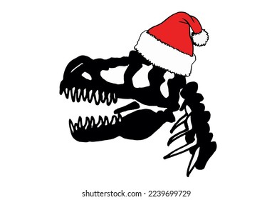 Graphical  silhouette of dinosaur skull  in Santa Claus red hat isolated on white background,vector Christmas element