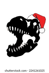 Graphical  silhouette of dinosaur skull  in Santa Claus red hat isolated on white background,vector Christmas element