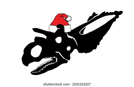 Graphical  silhouette of dinosaur skull  in Santa Claus red hat isolated on white background,vector Christmas element