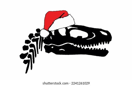 Graphical  silhouette of dinosaur skull  in Santa Claus red hat isolated on white background,vector Christmas element