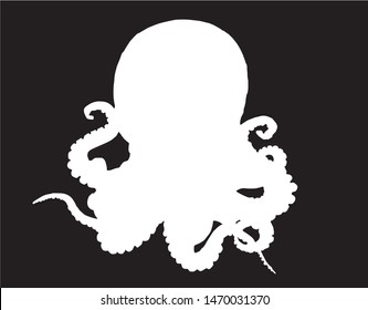 Graphical silhouette of octopus isolated on black,vector engraved illustration