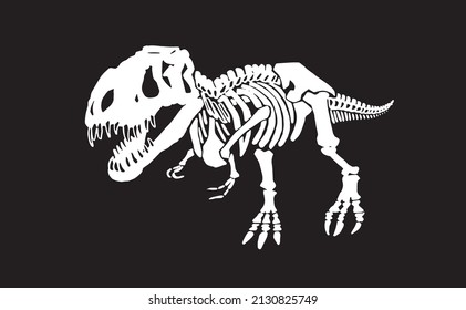 Graphical silhouette of skeleton of tyrannosaurus on black , vector dinosaur of jurassic period, illustration for educational books,printing