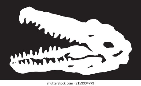 Graphical silhouette of  skull of spinosaurus isolated on black background,vector illustration,paleontology
