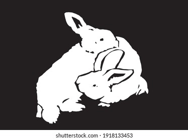 Grafische Silhouette von zwei Kaninchen einzeln auf schwarzem Hintergrund, Vektorgrafik