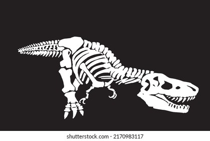 Graphical silhouette of tyrannosaurus skeleton  attacking isolated on black,vector engraved  illustration for design and tattoo