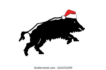 Graphical  silhouette of wild hog jumping in Santa Claus red hat isolated on white background,vector Christmas element