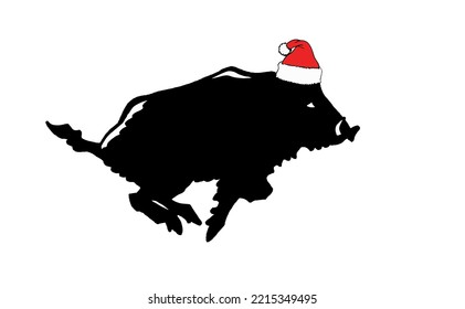 Graphical  silhouette of wild hog jumping in Santa Claus red hat isolated on white background,vector Christmas element