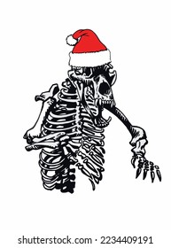 Graphical skeleton of bear in Santa Claus hat isolated on white , paleontology, new year element