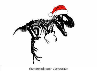 Graphical skeleton of dinosaur in Santa Claus hat  isolated on white background,New year illustration,texture