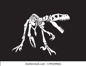 Graphical skeleton of raptor isolated on black, vector engraved illustration, paleonthology