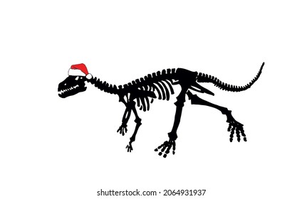 Graphical skeleton of raptor running in Santa Claus red hat isolated on white, Christmas element, silhouette of dinosaur, new year print for books,cards