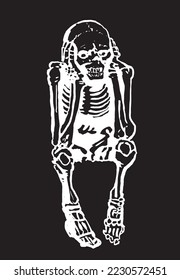 Graphical skeleton sitting isolated on black background,vector element of spooky design