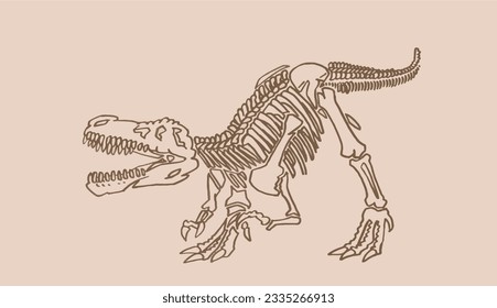 Graphical skeleton  of tyrannosaurus on sepia background, vector vintage illustration