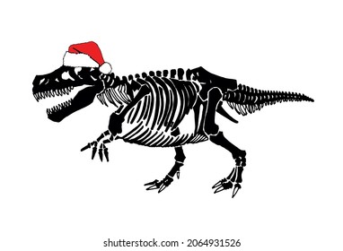 Graphical skeleton of tyrannosaurus in Santa Claus red hat isolated on white, Christmas element, silhouette of dinosaur, new year print for books,cards