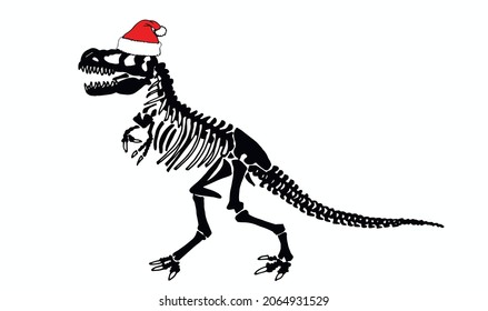 Graphical skeleton of tyrannosaurus in Santa Claus red hat isolated on white, Christmas element, silhouette of dinosaur, new year print for books,cards