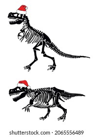 Graphical skeletons of raptors running in Santa Claus red hat isolated on white, Christmas element, silhouette of dinosaurs, new year print for books,cards