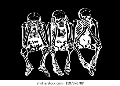 Graphical skeletons sitting isolated on black background,vector illustration for tattoo and printing