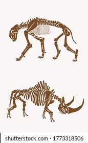 Graphical  skeletons wooly rhino   saber   toothed tiger   sepia background   paleontology elements  vector vintage illustration