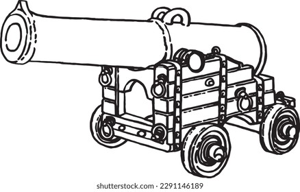 Esbozo gráfico de arma antigua, un tipo de pieza de artillería aislada en fondo blanco, elemento vector de arma militar para colorear, tatuar, diseñar