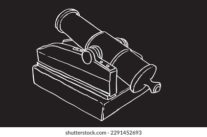 Graphical sketch of ancient gun, a type of artillery piece isolated on black background, vector element of military weapon for tattoo,design