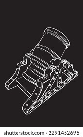 Grafische Skizze der alten Waffe, eine Art Artillerie einzeln auf schwarzem Hintergrund, Vektorelement der militärischen Waffe für Tätowierung, Design