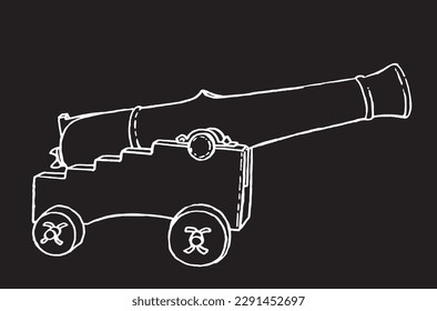 Graphical sketch of ancient gun, a type of artillery piece isolated on black background, vector element of military weapon for tattoo,design