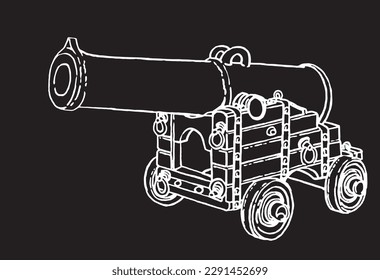 Graphical sketch of ancient gun, a type of artillery piece isolated on black background, vector element of military weapon for tattoo,design