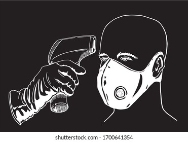 graphical sketch of  arm checking temperature to man isolated on black bakground, vector illustration, pandemic