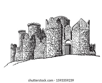 Graphical sketch of Belmonte castle isolated on white background,Spain,vector illustration