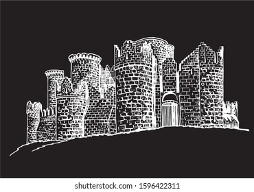 Graphical sketch of Belmonte castle isolated on black background,Spain,vector illustration