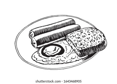 Graphical sketch of breakfast  isolated on white background, vector egg, sausages and bread