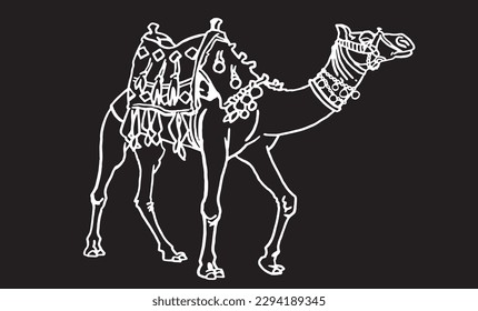 Graphical sketch of camel on black background , traditional transport of ancient Egypt. Animal