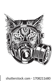 Graphical sketch of cat in gas mask isolated on white, vector illustration for coloring, typography and tattoo