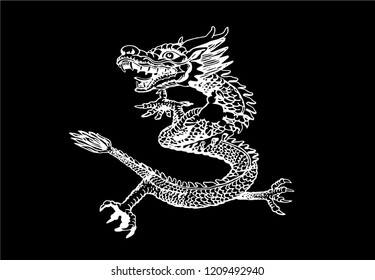 Graphical sketch of Chinese dragon isolated on black background,vector sketch, symbol 