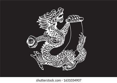 Graphical sketch of Chinese dragon  isolated  on black background,vector engraved illustration