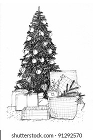 Graphical sketch Christmas tree and gifts under it