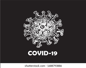 Dibujo gráfico del coronavirus aislado en fondo negro, ilustración vectorial grabada