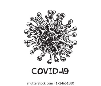 Grafische Skizze von auf weißem Hintergrund isoliertem Koronavirus, Vektorgrafik für Logo, Banner und Druck