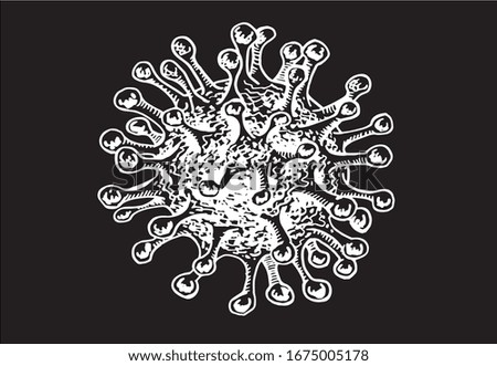 Graphical sketch of corona-virus isolated on black background, vector engraved  illustration, 
molecule 