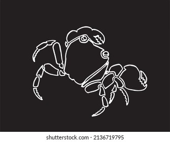 Graphical sketch of crab isolated on black background,vector sea-food element  lined drawing