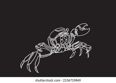 Graphical sketch of crab isolated on black background,vector sea-food element  lined drawing