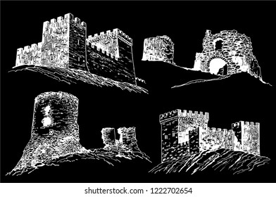 Graphical sketch of Crimea castles isolated on black background,vector engraved illustration,sightseeing