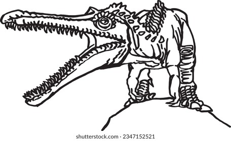 Graphical sketch of crocodile dinosaur isolated on white,vector illustration, dinosaur with open mouth