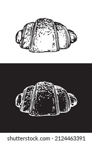 Graphical sketch of croissant isolated on white and black background, vector illustration