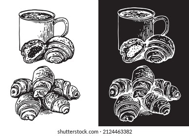 Graphical sketch of croissants with a cup isolated on white and black background, vector illustration
